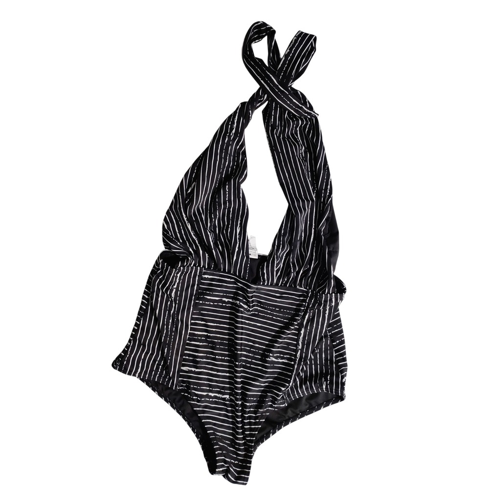 COCOSHIP Womens Black White Stripe Halter Neck High Waist One Piece Swimsuit 3XL